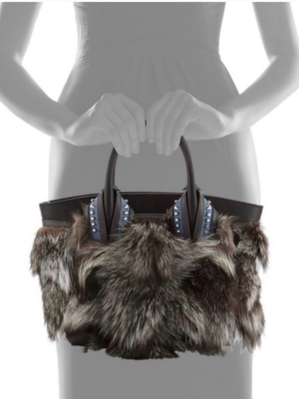 Christian Louboutin Gray Fox Fur Trim Studded Leather Tote $5,900